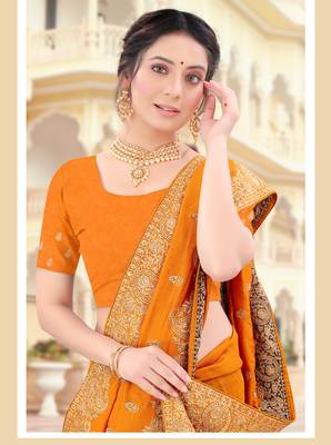 Mustard Zari Embroidered Border Two Tone Vichitra Silk Saree With Blouse Piece 2
