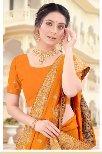 Mustard Zari Embroidered Border Two Tone Vichitra Silk Saree With Blouse Piece