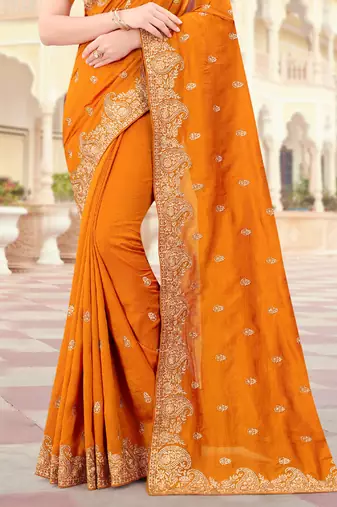 Mustard Zari Embroidered Border Two Tone Vichitra Silk Saree With Blouse Piece