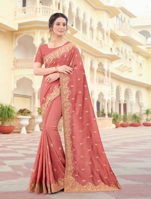 Peach Zari Embroidered Border Two Tone Vichitra Silk Saree With Blouse Piece 1