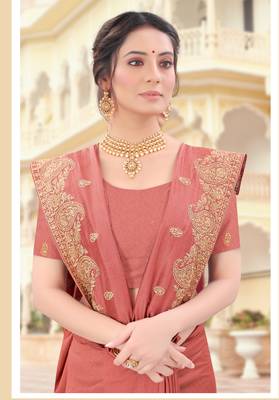 Peach Zari Embroidered Border Two Tone Vichitra Silk Saree With Blouse Piece 2