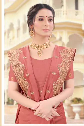 Peach Zari Embroidered Border Two Tone Vichitra Silk Saree With Blouse Piece