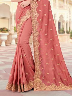Peach Zari Embroidered Border Two Tone Vichitra Silk Saree With Blouse Piece 3