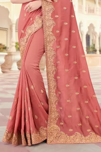 Peach Zari Embroidered Border Two Tone Vichitra Silk Saree With Blouse Piece