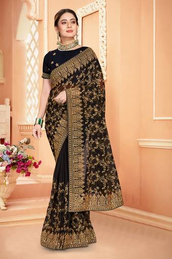 Black Zari Embroidered Stone Border Georgette Saree With Blouse Piece