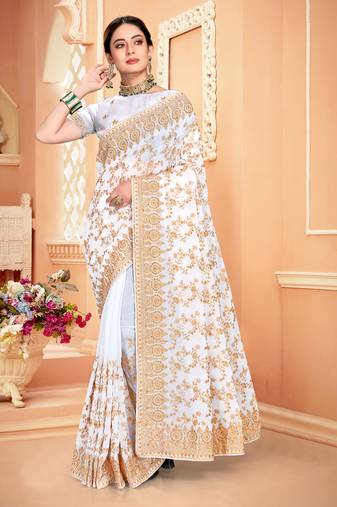 White Zari Embroidered Stone Border Georgette Saree With Blouse Piece