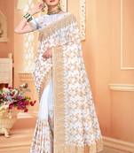 White Zari Embroidered Stone Border Georgette Saree With Blouse Piece