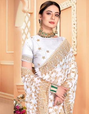 White Zari Embroidered Stone Border Georgette Saree With Blouse Piece 2
