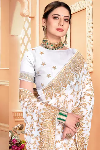 White Zari Embroidered Stone Border Georgette Saree With Blouse Piece