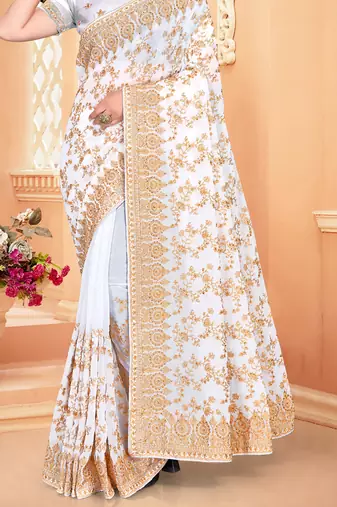 White Zari Embroidered Stone Border Georgette Saree With Blouse Piece