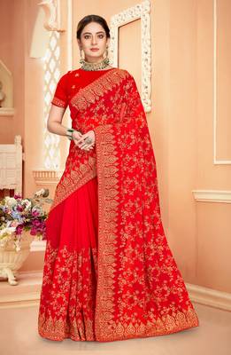 Red Zari Embroidered Stone Border Georgette Saree With Blouse Piece 1
