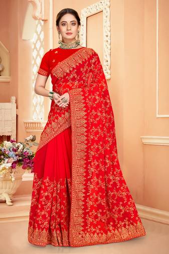 Red Zari Embroidered Stone Border Georgette Saree With Blouse Piece