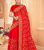 Red Zari Embroidered Stone Border Georgette Saree With Blouse Piece