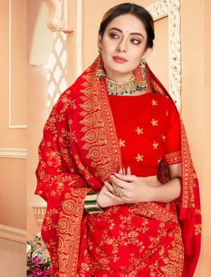 Red Zari Embroidered Stone Border Georgette Saree With Blouse Piece 2