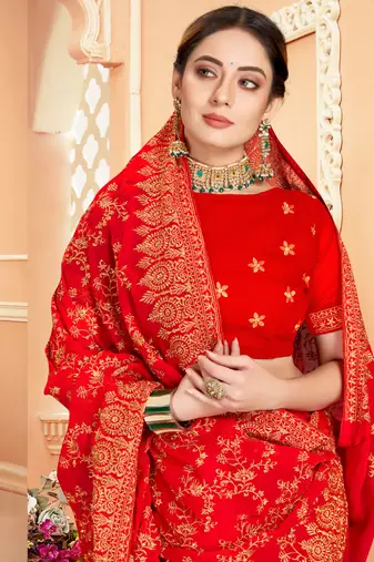 Red Zari Embroidered Stone Border Georgette Saree With Blouse Piece