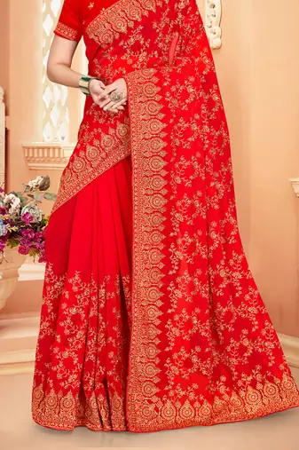 Red Zari Embroidered Stone Border Georgette Saree With Blouse Piece