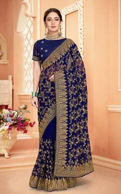Navy Blue Zari Embroidered Stone Border Georgette Saree With Blouse Piece 1