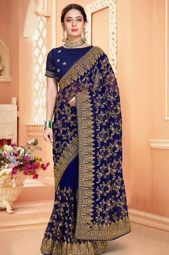 Navy Blue Zari Embroidered Stone Border Georgette Saree With Blouse Piece