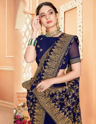 Navy Blue Zari Embroidered Stone Border Georgette Saree With Blouse Piece 2