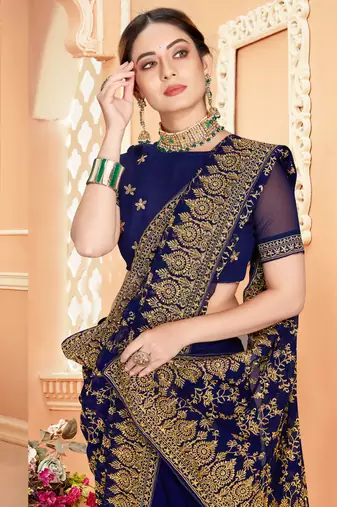 Navy Blue Zari Embroidered Stone Border Georgette Saree With Blouse Piece