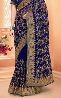 Navy Blue Zari Embroidered Stone Border Georgette Saree With Blouse Piece 3