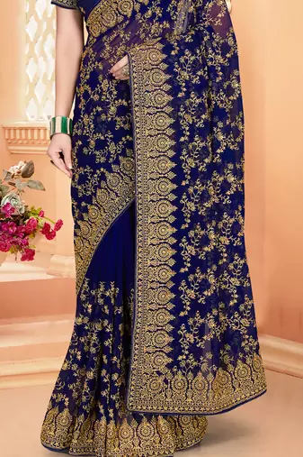 Navy Blue Zari Embroidered Stone Border Georgette Saree With Blouse Piece