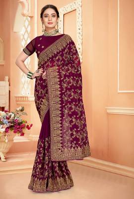 Purple Zari Embroidered Stone Border Georgette Saree With Blouse Piece 1