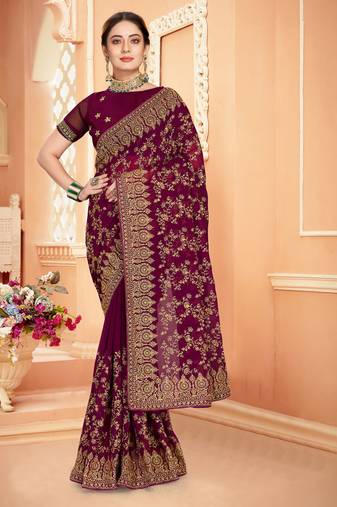Purple Zari Embroidered Stone Border Georgette Saree With Blouse Piece