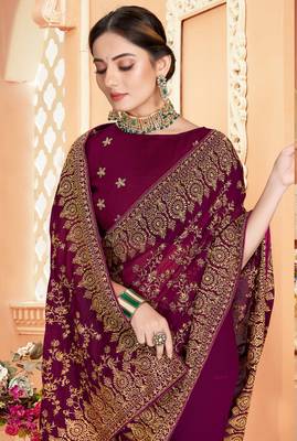 Purple Zari Embroidered Stone Border Georgette Saree With Blouse Piece 2