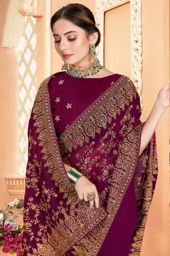 Purple Zari Embroidered Stone Border Georgette Saree With Blouse Piece