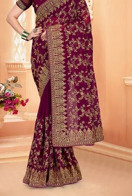 Purple Zari Embroidered Stone Border Georgette Saree With Blouse Piece 3