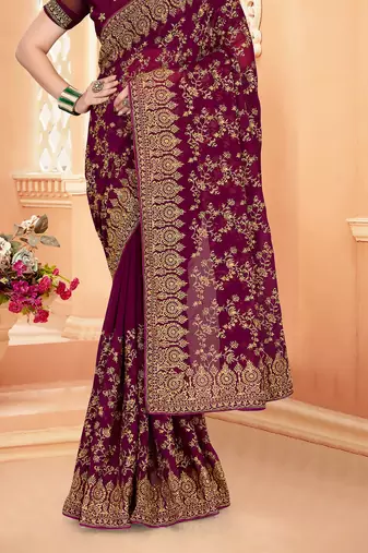 Purple Zari Embroidered Stone Border Georgette Saree With Blouse Piece