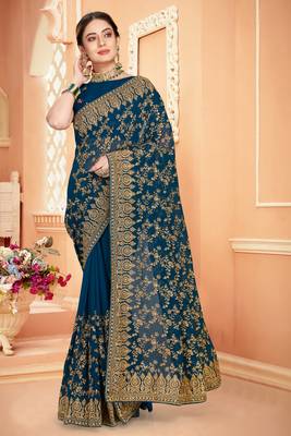 Teal Blue Zari Embroidered Stone Border Georgette Saree With Blouse Piece 1