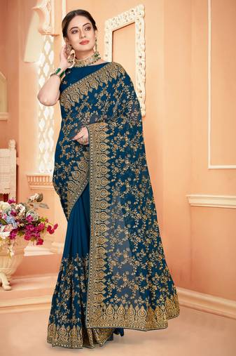 Teal Blue Zari Embroidered Stone Border Georgette Saree With Blouse Piece