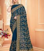 Teal Blue Zari Embroidered Stone Border Georgette Saree With Blouse Piece