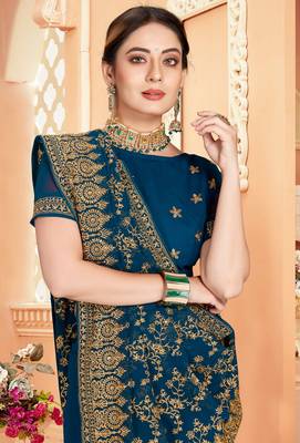 Teal Blue Zari Embroidered Stone Border Georgette Saree With Blouse Piece 2