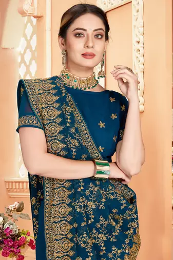 Teal Blue Zari Embroidered Stone Border Georgette Saree With Blouse Piece