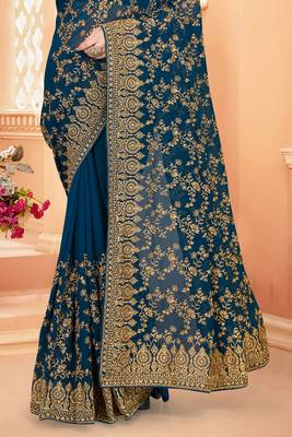 Teal Blue Zari Embroidered Stone Border Georgette Saree With Blouse Piece 3