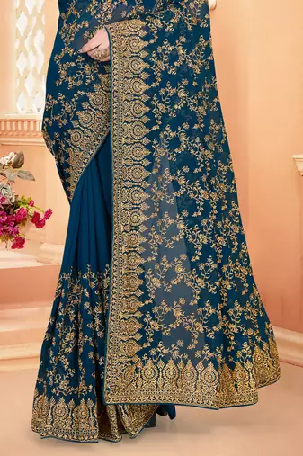Teal Blue Zari Embroidered Stone Border Georgette Saree With Blouse Piece