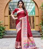 Red Designer Paithani Bandhej With Faux KANJIVARAM Border Zari Weaving Rich Pallu Saree With Blouse For Women