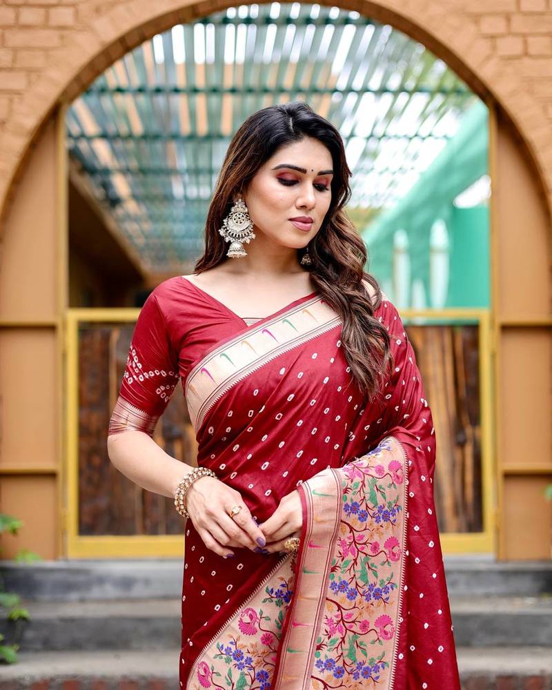 Red Designer Paithani Bandhej With Faux KANJIVARAM Border Zari Weaving Rich Pallu Saree With Blouse For Women