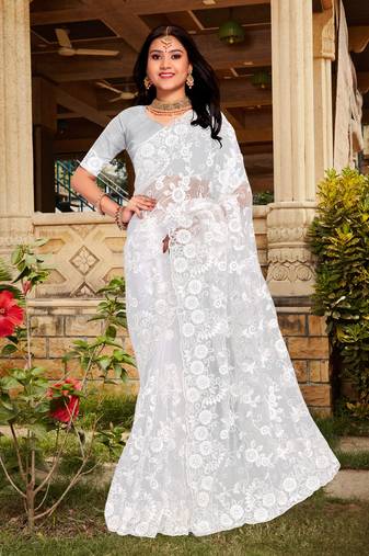 White Resham Moti Stone Embroidery Net Saree