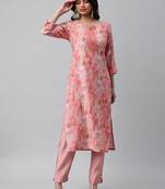 A printed chanderi kurta with embellishment at neck and sleeves.