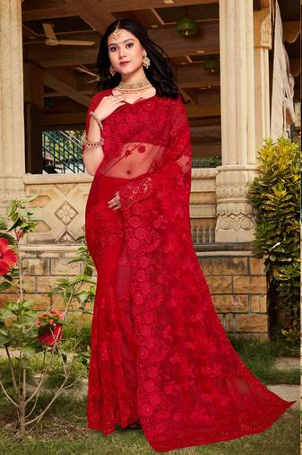 Designre Red Resham Stone Moti Embroidery Net Saree