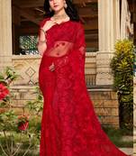 Designre Red Resham Stone Moti Embroidery Net Saree