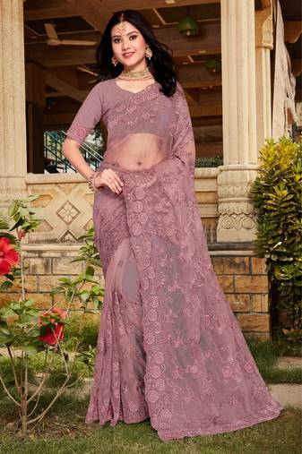 Lavender Resham Moti Stone Embroidery Net Saree
