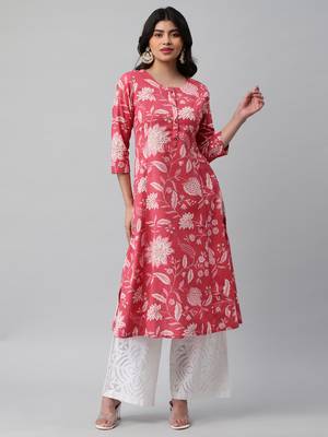 A line cotton printed kurta with center placket. 1