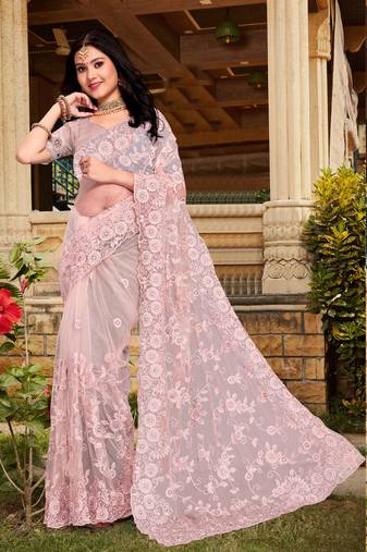 Peach Resham Stone Moti Embroidery Net Saree