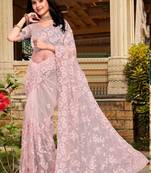 Peach Resham Stone Moti Embroidery Net Saree