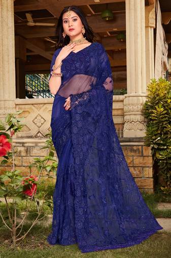 Navy Blue Resham Stone Moti Embroidery Net Saree
